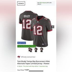 Tom Brady Tampa Bay Buccaneers Nike
Alternate Vapor Limited Jersey - Pewter.